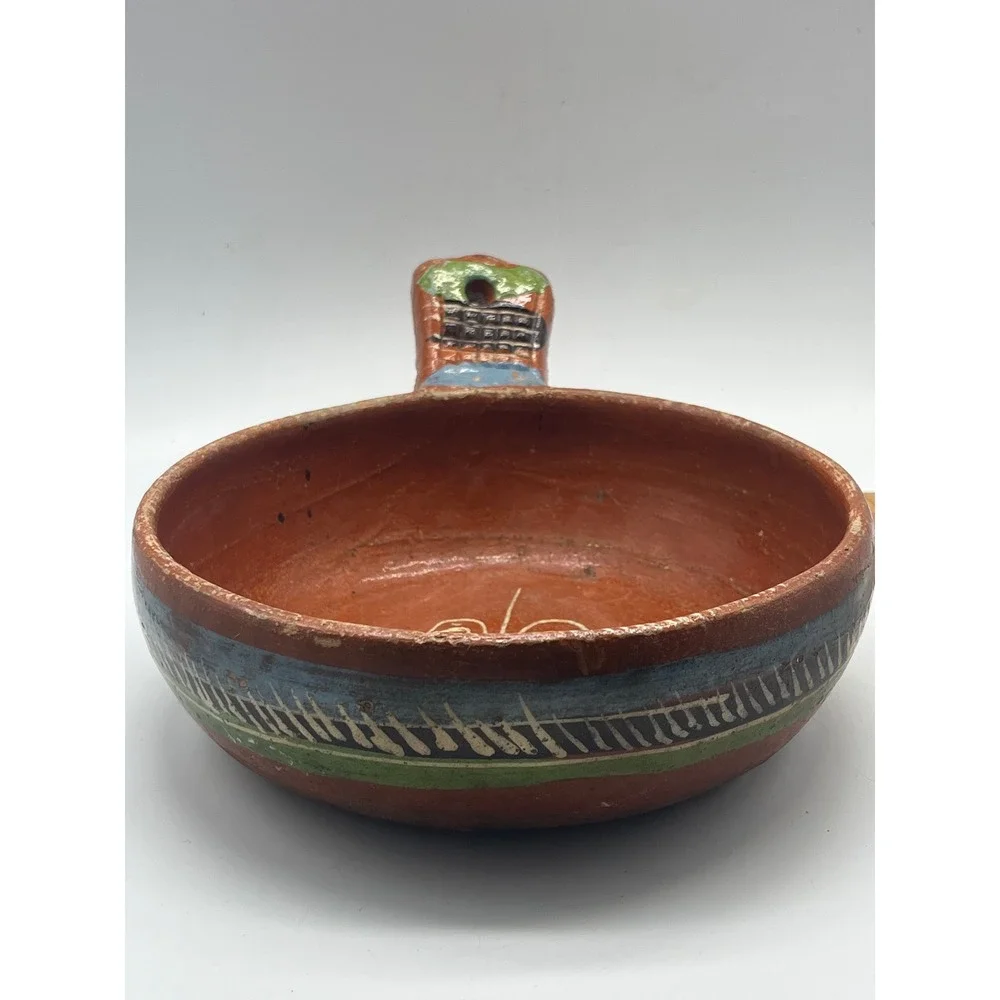 Vintage HECHO EN MEXICO Redware Pottery‎ Serving Bowl Hand-made Painted